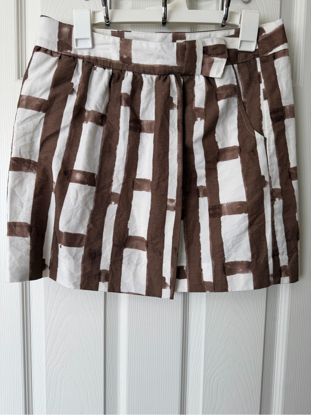Banana Republic White Mini Skirt with Brown Grid Print